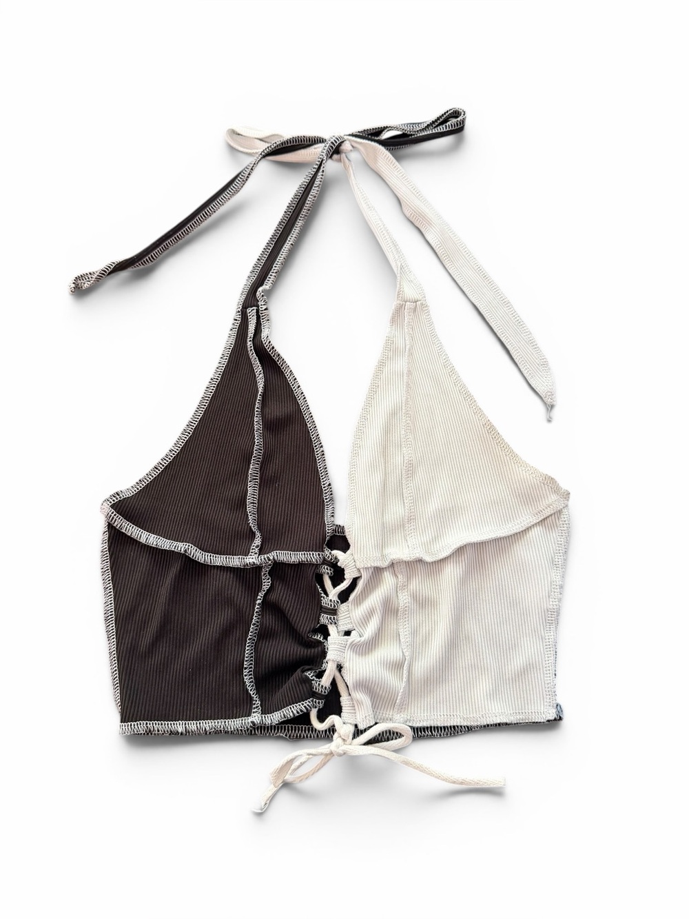 SHEIN Two-Tone Lace-Up Halter Crop Top - Black & Cream